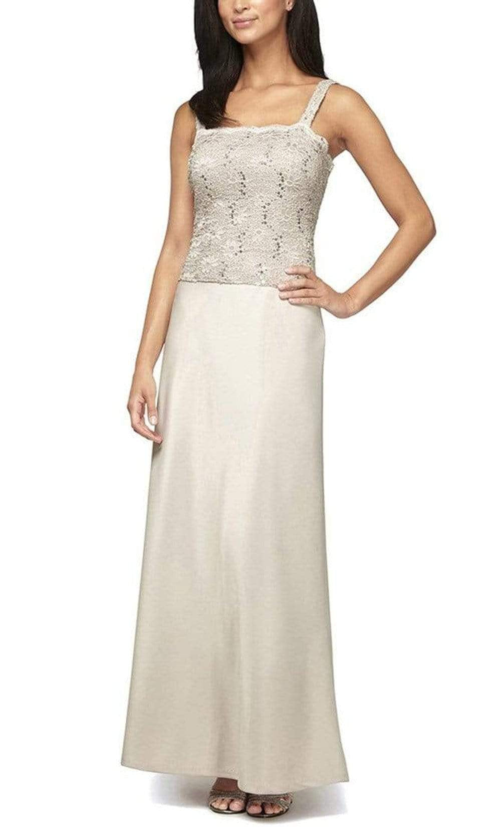 alex evenings taupe dress Alex Evenings V-Neck Embroidered Dress with Godet Detail Skirt and Shawl TAUPE / 4