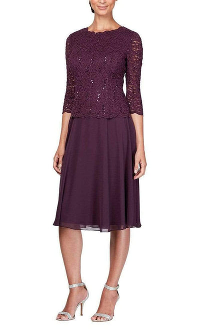 Alex Evenings - Lace Quarter Sleeve V-Back Tea Length Dress 1121796SC In Purple