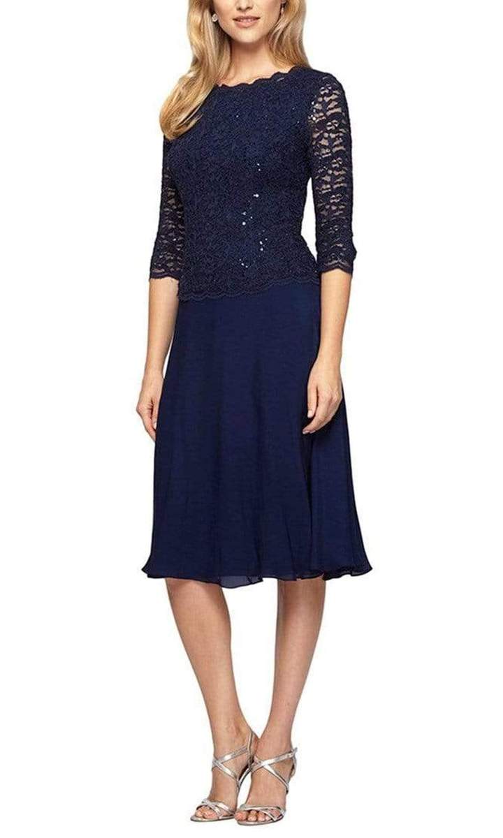 Alex Evenings - Lace Quarter Sleeve V-Back Tea Length Dress 1121796SC   ADASA