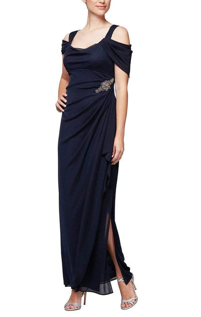 Alex Evenings - 132902 Jewel Accent Waist Cold Shoulder Mesh Dress Mother of the Bride Dresses 14 / Navy