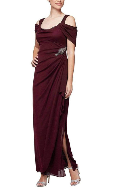 Alex Evenings - 132902 Jewel Accent Waist Cold Shoulder Mesh Dress Mother of the Bride Dresses 14 / Wine