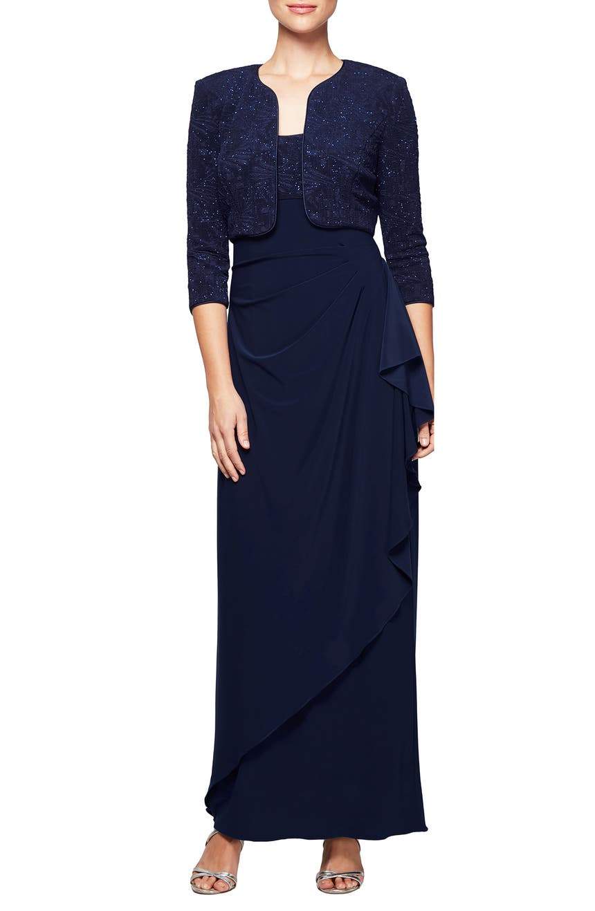 Alex Evenings - 225196 Empire Column Dress with Jacket Mother of the Bride Dresses 12P / Navy