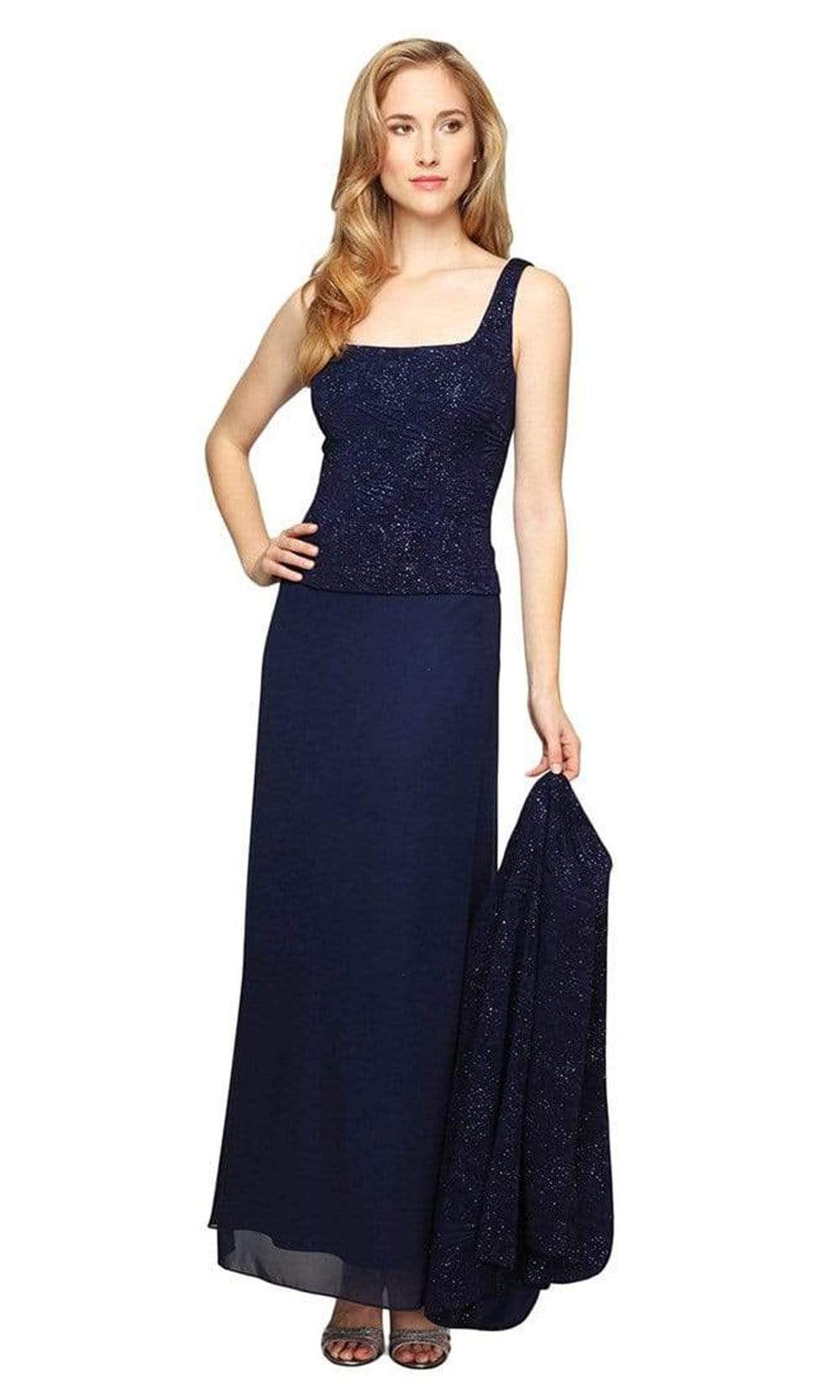 Alex Evenings Plus Glitter Jacquard Knit Jacket Dress with Mandarin Neckline Navy / 18W Alex Evenings Plus Glitter Jacquard Knit Jacket Dress with Mandarin Neckline Navy / 18W