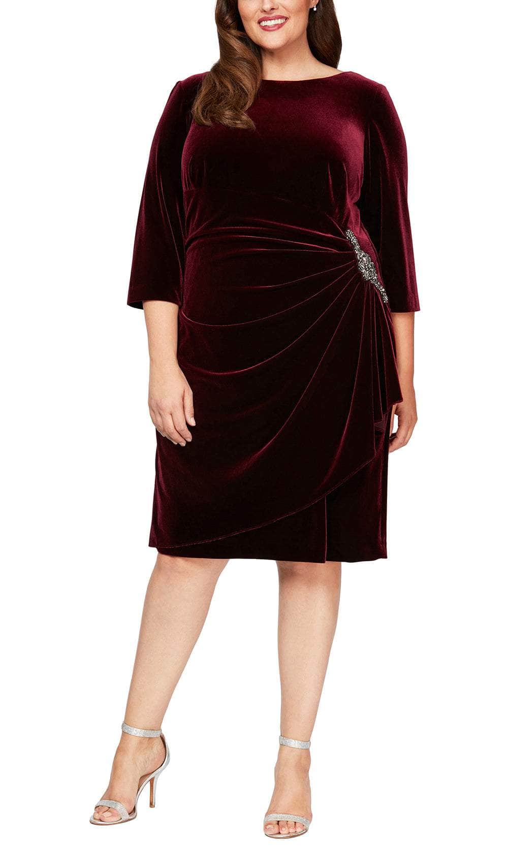 Alex Evenings 4915268 - Brooch Accent Velvet Cocktail Dress Special Occasion Dress 14W / Wine