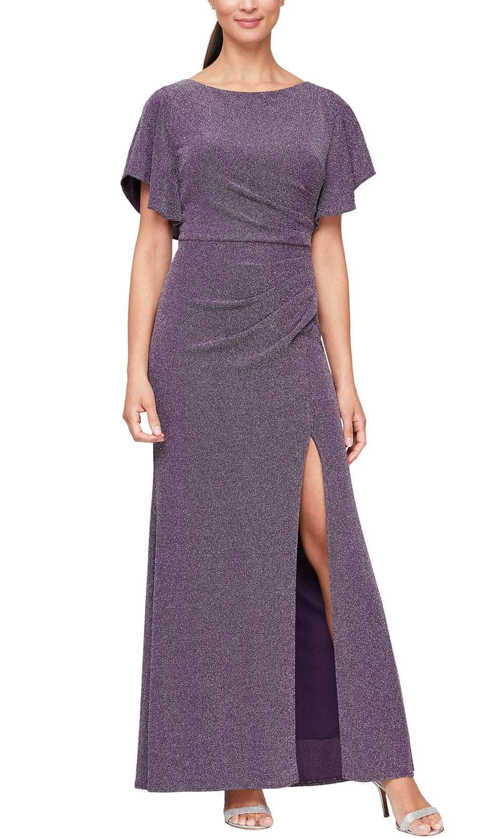 Alex Evenings 8127630 - Flutter Sleeve Metallic Evening Dress Special Occasion Dress 6 / Dark Plum