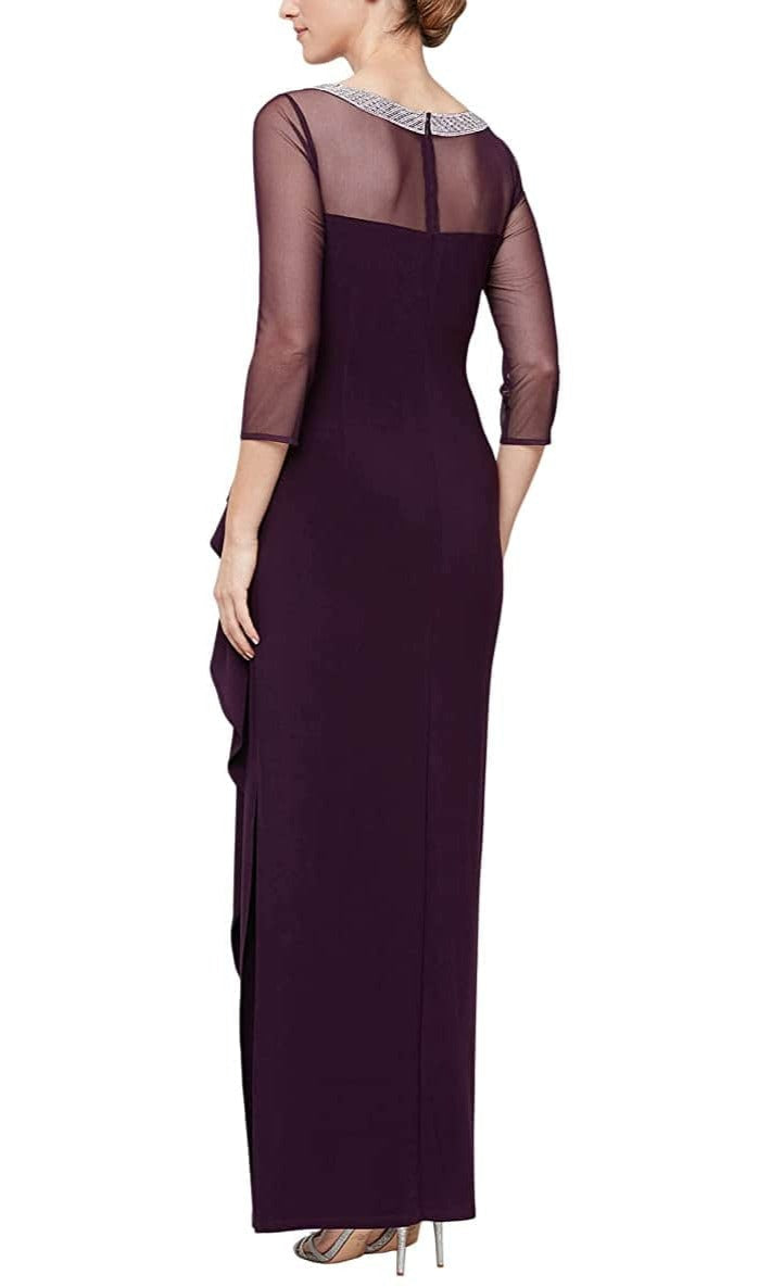 green emerald velvet dress Alex Evenings Women's Embellished-Neck Side-Ruched Illusion Dress - Eggplant
