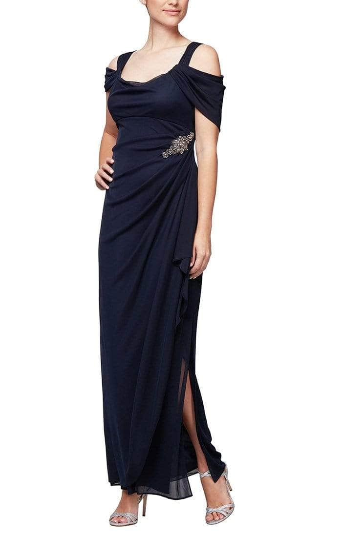 Alex Evenings - Draped Cold Shoulder Evening Dress 232902 - 1 pc Navy In Size 14P and 1 pc Wine in Size 16P Available CCSALE