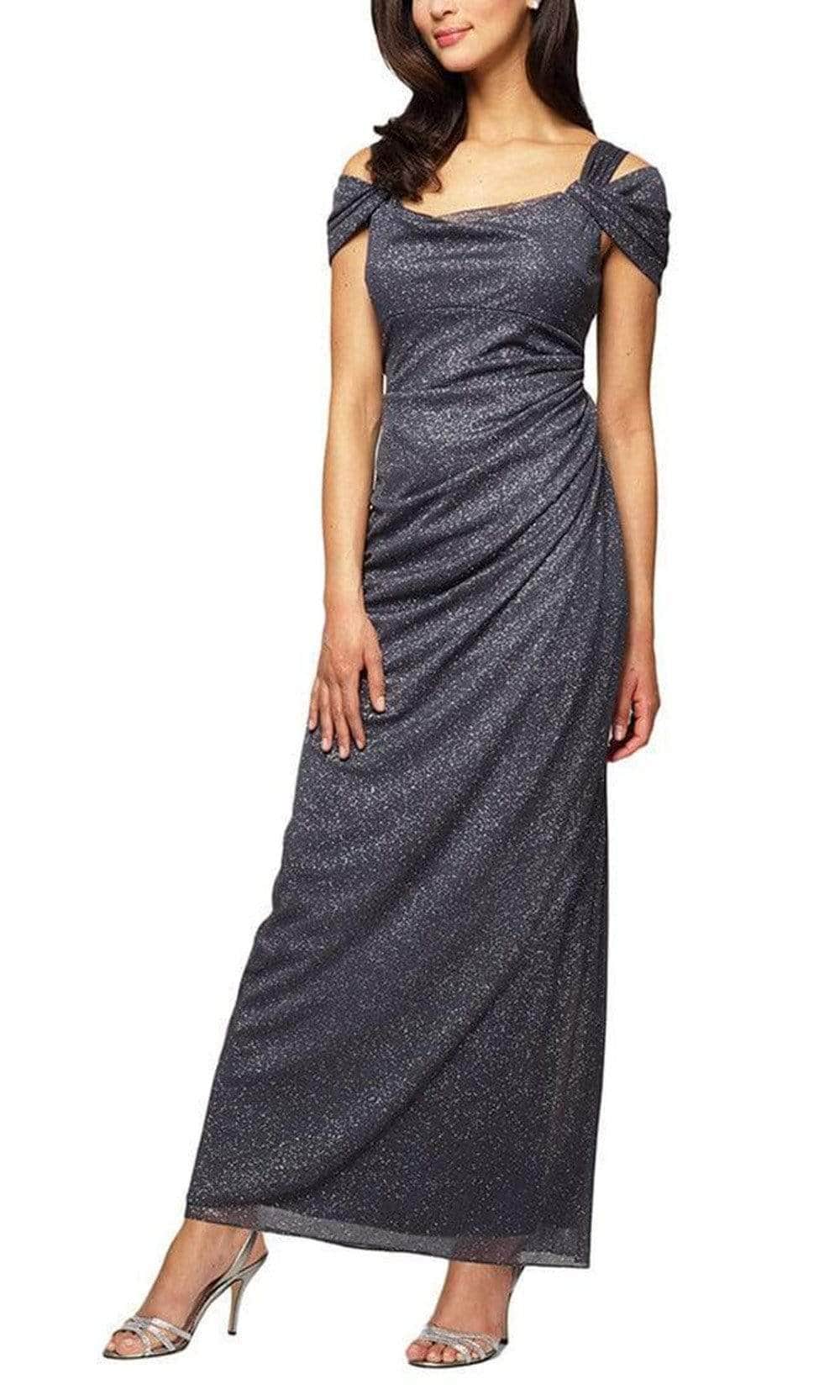 Alex Evenings - Draped Glitter Sheath Evening Dress 233026 - 1 pc Smoke In Size 14P Available CCSALE 14P / Smoke