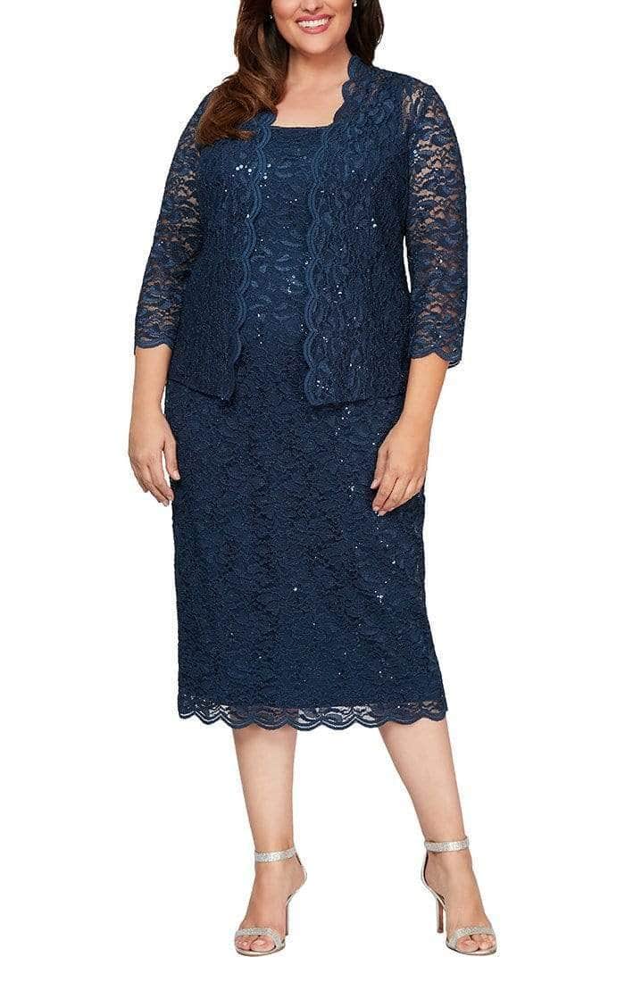 Alex Evenings - Scalloped Lace Tea Length Dress 412264 - 1 pc Navy In Size 22W Available CCSALE 22W / Navy