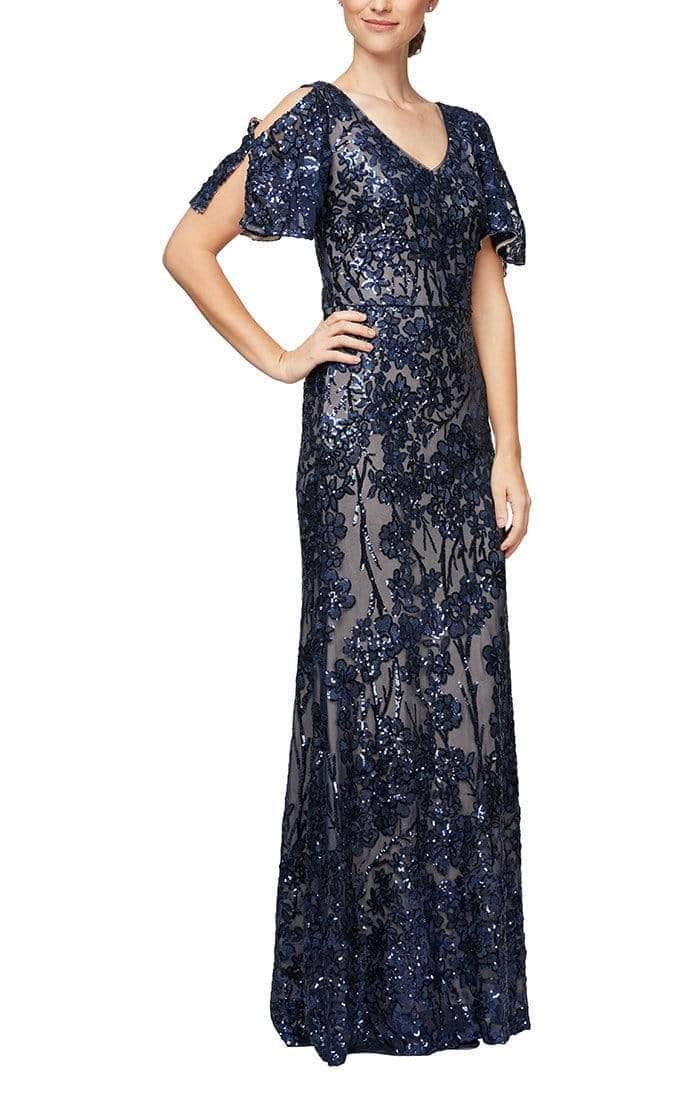 Alex Evenings - V-Neck Floral Sequin Formal Gown 8196611 - 1 pc Navy Nude In Size 6 Available CCSALE 6 / Navy Nude