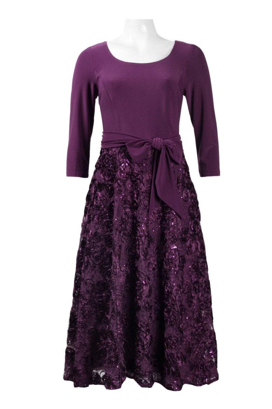 Alex Evenings - 1121875 Quarter Sleeve Jersey Lace Tea Length Dress In Purple