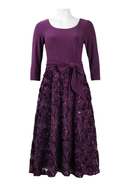 Alex Evenings - 1121875 Quarter Sleeve Jersey Lace Tea Length Dress In Purple