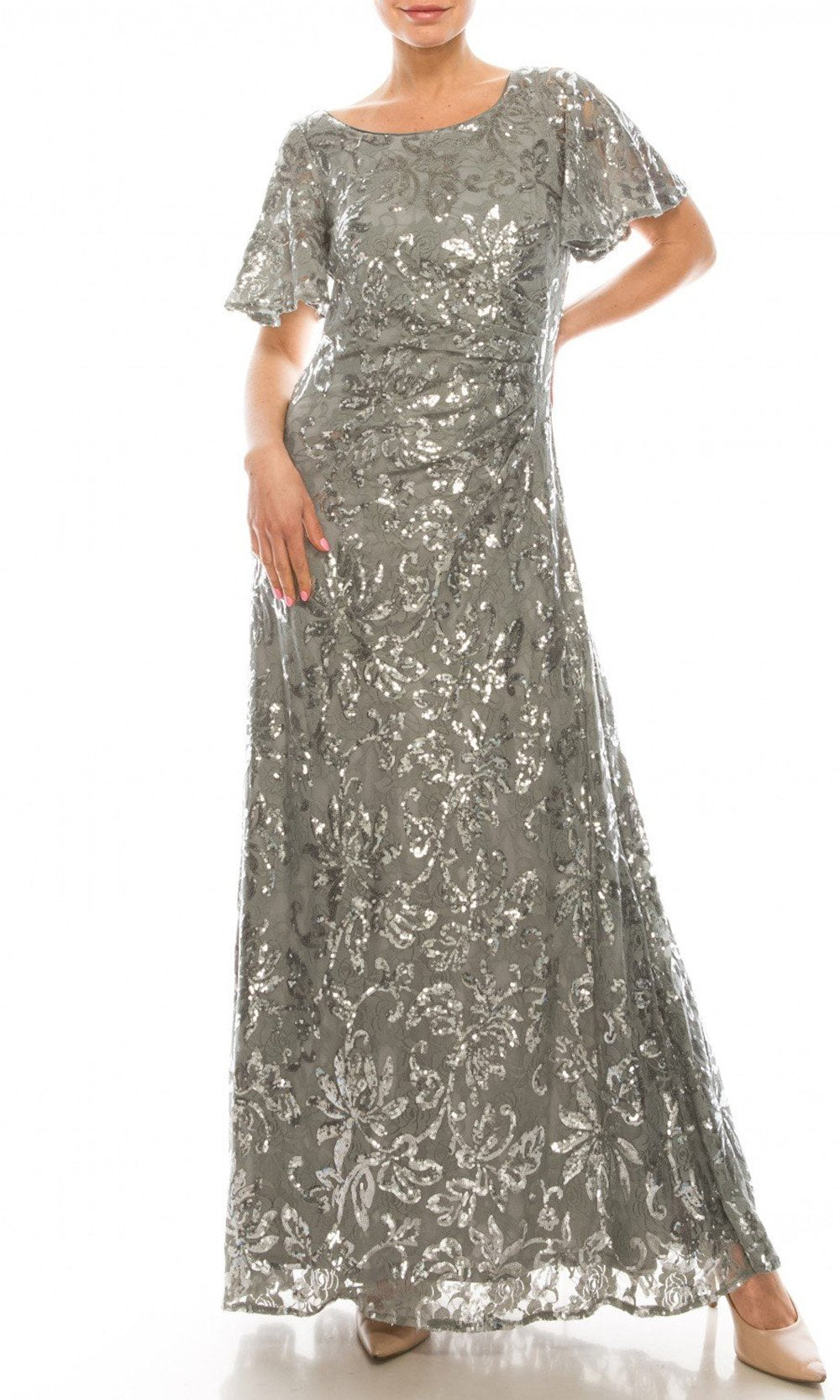 Alex Evenings - 81122312 Long Butterfly Sleeve Sequin Lace Dress In Silver