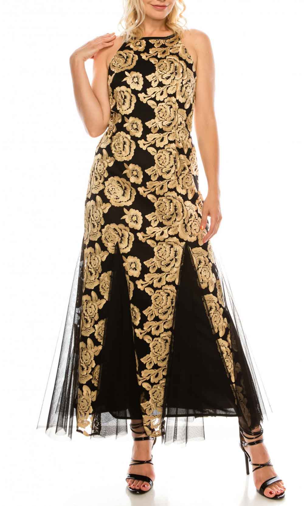 Alex Evenings - 8217673 Floral Embroidered Dress In Black and Gold