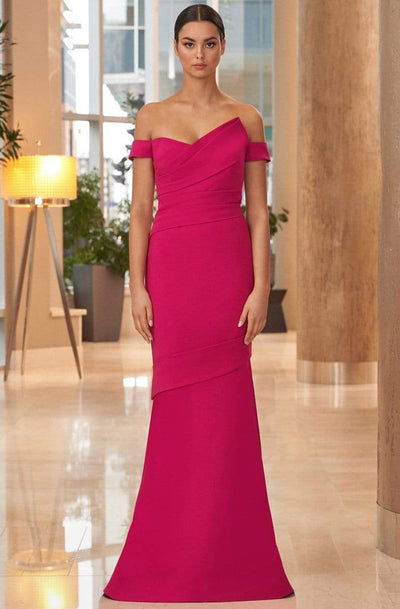 Alexander by Daymor - 1054 Detachable Skirt Off-Shoulder Trumpet Gown Mother of the Bride Dresses 0 / Fuschia