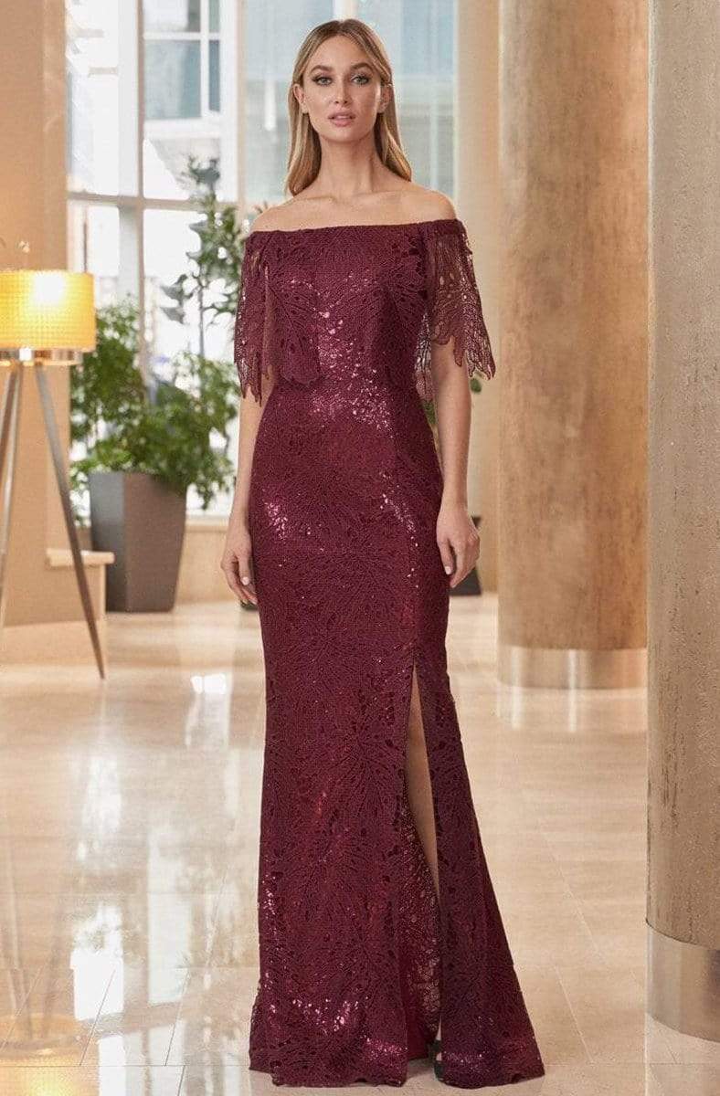 Alexander by Daymor - 1064 Off-Shoulder Low Slit Column Gown Mother of the Bride Dresses 0 / Bordeaux