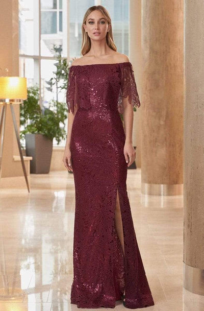 Alexander by Daymor - 1064 Off-Shoulder Low Slit Column Gown Mother of the Bride Dresses 0 / Bordeaux