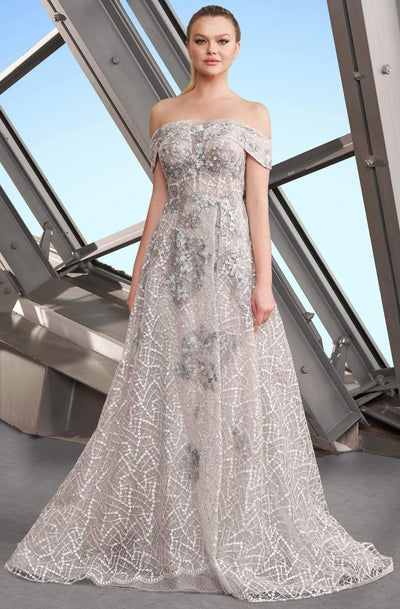 Alexander by Daymor - 1181 Glitter Off-Shoulder A-Line Gown Prom Dresses 4 / Silver Sage