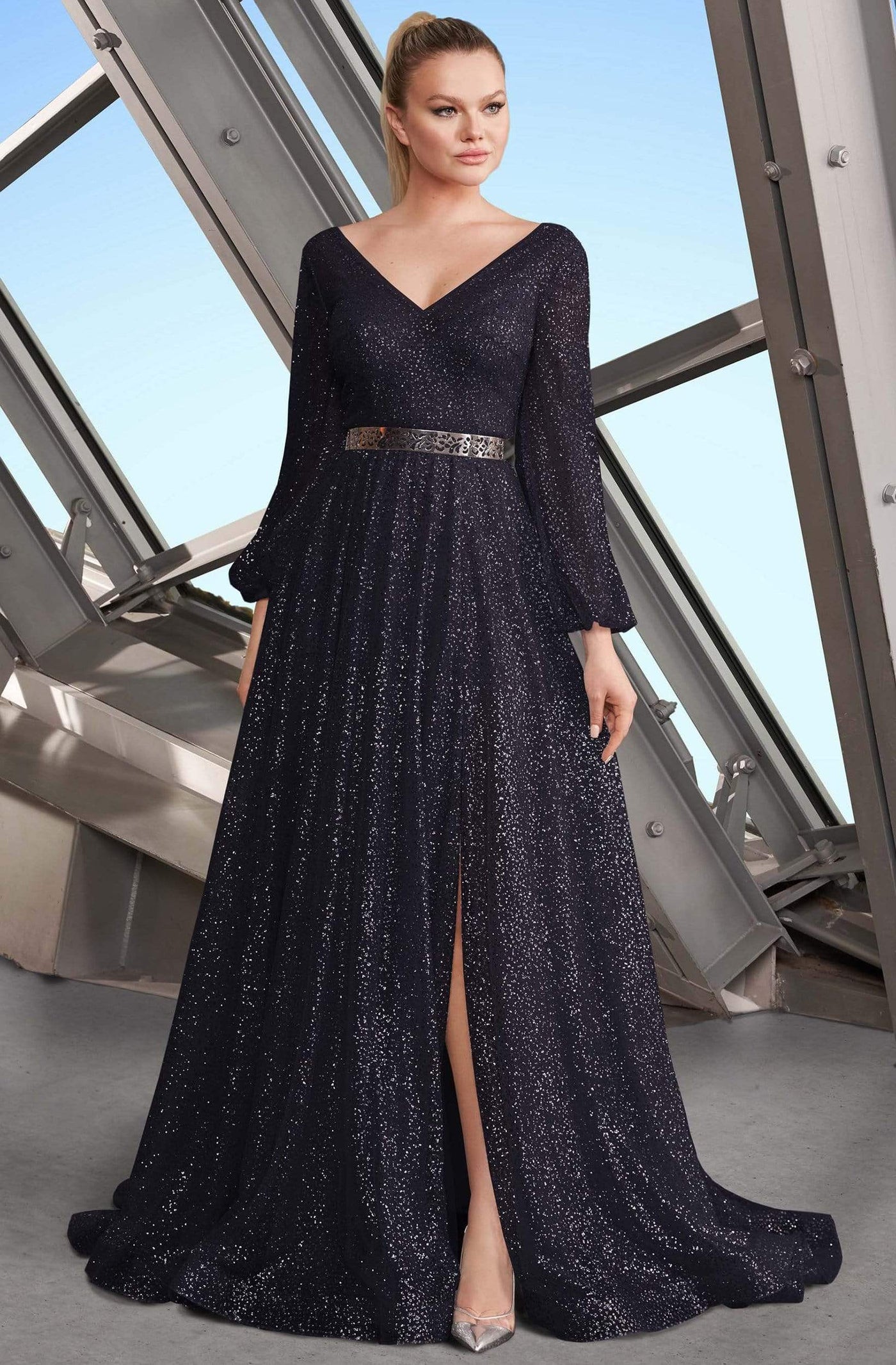 Alexander by Daymor - 1182 V-Neck Long Sleeves A-Line Gown Evening Dresses 4 / Navy