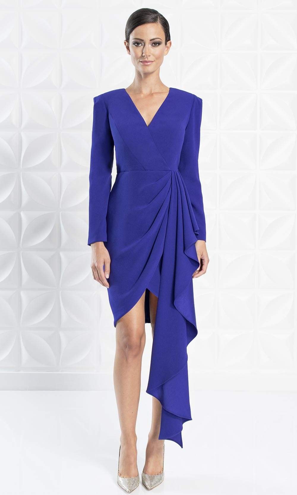 Alexander by Daymor 1251 - Short Sheath Dress - Solid toned, Long Sleeves, Surplice bodice, Side drape, Front split, Enclosed back, Exposed back zipper ADASA Alexander by Daymor 1251 - Short Sheath Dress - Solid toned, Long Sleeves, Surplice bodice, Side drape, Front split, Enclosed back, Exposed back zipper ADASA