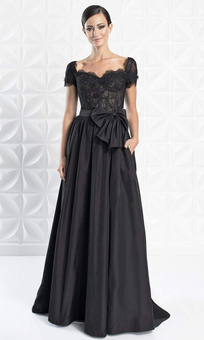 Alexander By Daymor - 1264 Bow Accent Short Sleeve Sweetheart Gown Evening Dresses 6 / Black