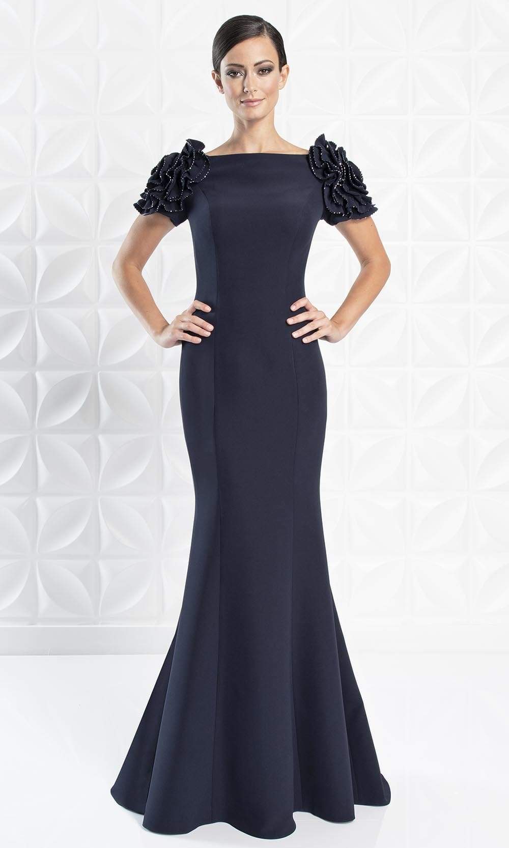 Alexander By Daymor - Embellished Bateau Long Trumpet Dress 1270 - 1 pc Suntan In Size 10 Available CCSALE 10 / Blue