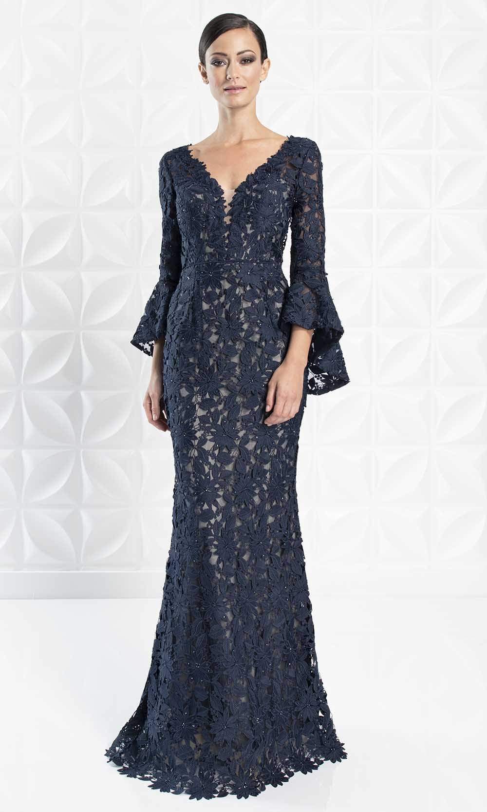 Alexander By Daymor - 1276 Circular Flounce V-Neck Floral Lace Gown Mother of the Bride Dresses 6 / Navy