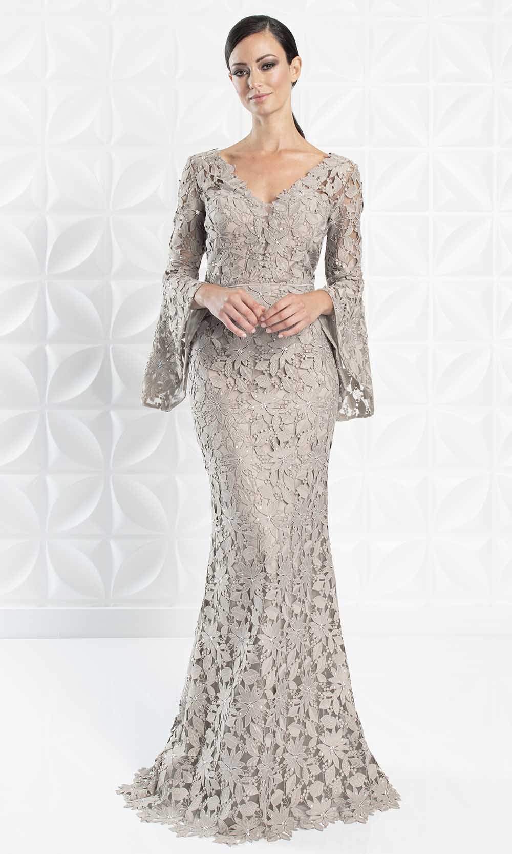 Alexander By Daymor - 1276 Circular Flounce V-Neck Floral Lace Gown Mother of the Bride Dresses 6 / Taupe