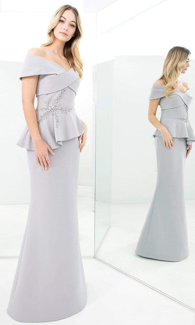 Alexander By Daymor - 1350 Off-Shoulder Beaded Sheath Gown Mother of the Bride Dresses 00 / Dove Grey