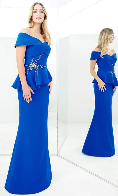 Alexander By Daymor - 1350 Off-Shoulder Beaded Sheath Gown Mother of the Bride Dresses 00 / Navy