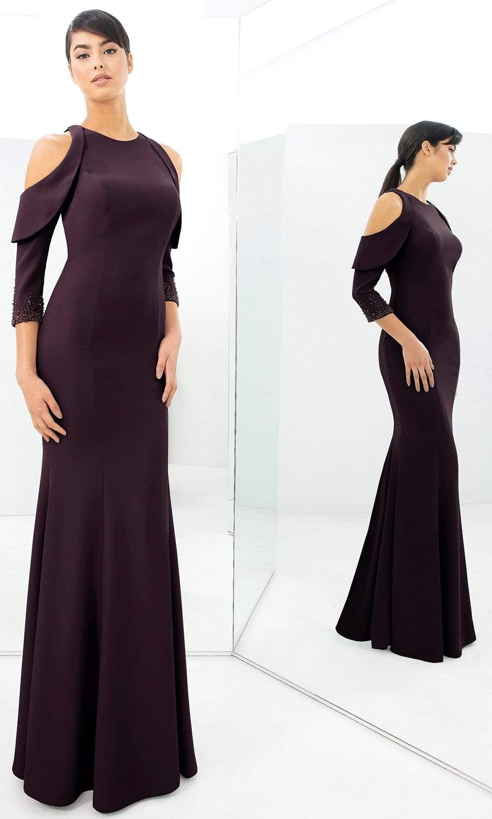 Alexander By Daymor - 1351 Fitted Mermaid Gown With Cold Shoulders Mother of the Bride Dresses 00 / Aubergine