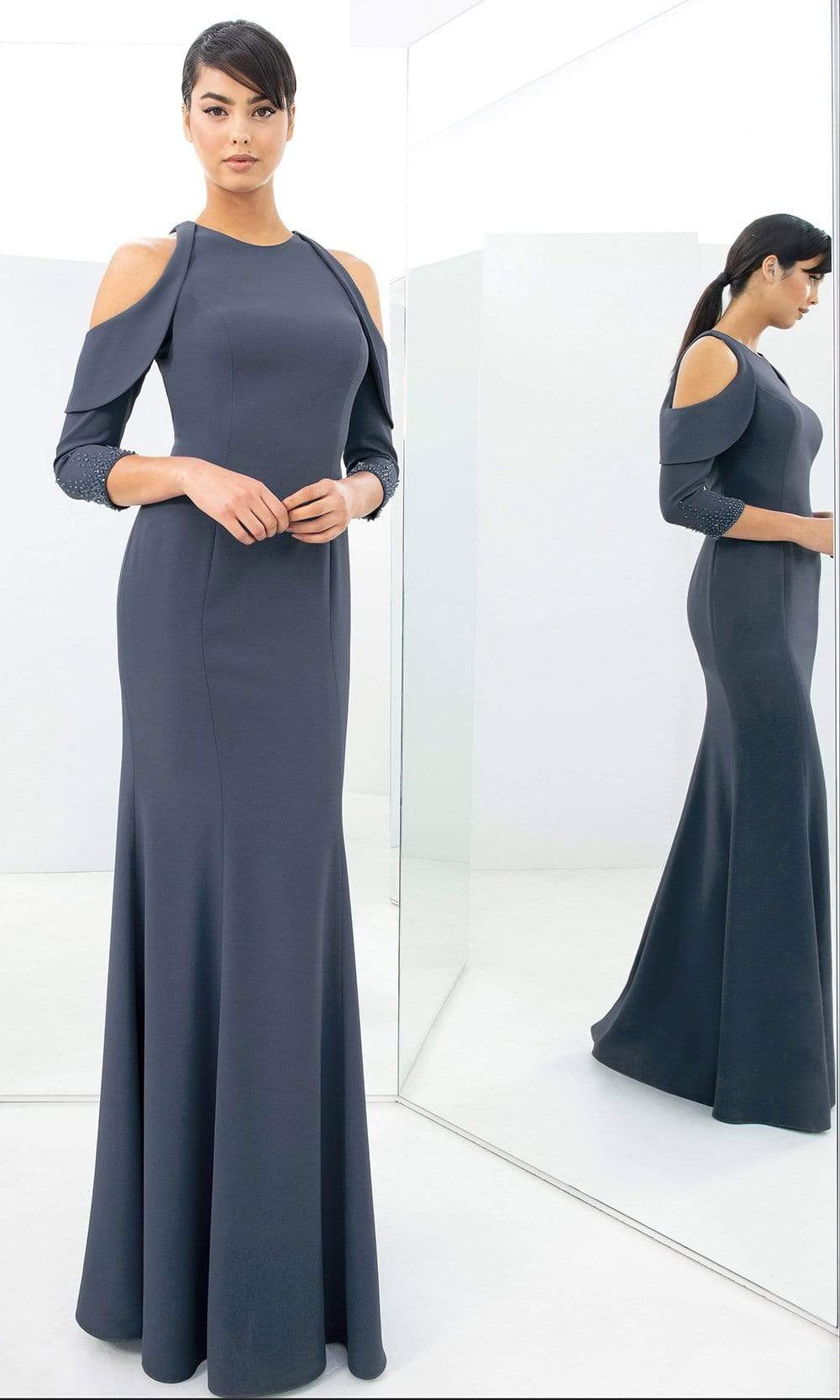 Alexander By Daymor - 1351 Fitted Mermaid Gown With Cold Shoulders Mother of the Bride Dresses 00 / Graphite