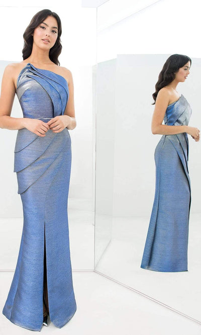 Alexander By Daymor - 1355SC Asymmetric Off Shoulder Pleated Gown In Blue and Silver