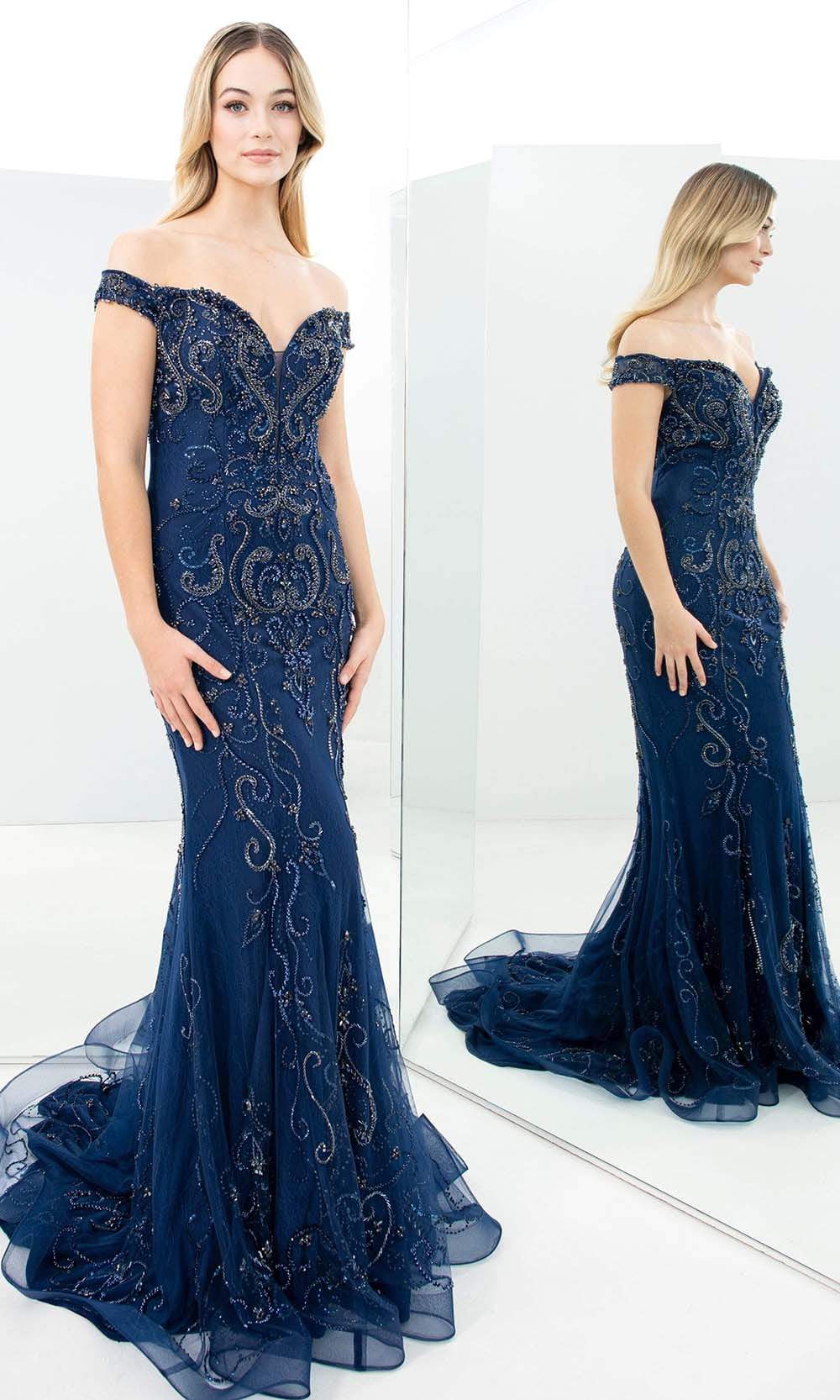 Alexander By Daymor - 1358 Embellished Off Shoulder Sheath Gown Evening Dresses 00 / Navy