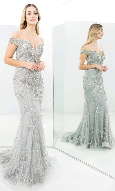 Alexander By Daymor - 1358 Embellished Off Shoulder Sheath Gown Evening Dresses 00 / Silver