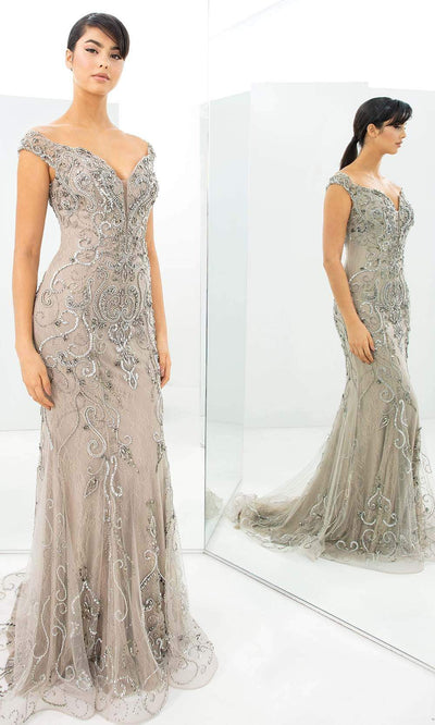 Alexander By Daymor - 1358 Embellished Off Shoulder Sheath Gown Evening Dresses 00 / Taupe