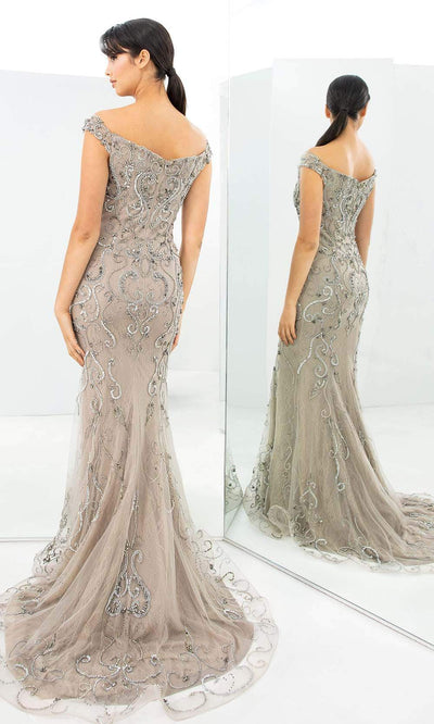 Alexander By Daymor - 1358 Embellished Off Shoulder Sheath Gown In Gray