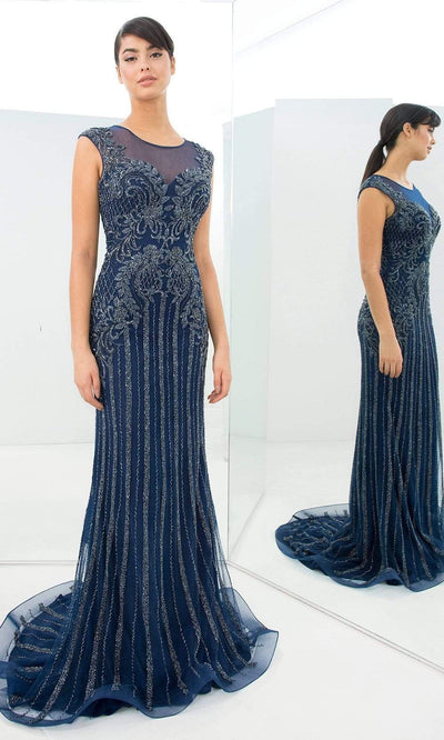 Alexander By Daymor - 1370 Illusion Bugle Beaded Long Dress Evening Dresses 00 / Navy