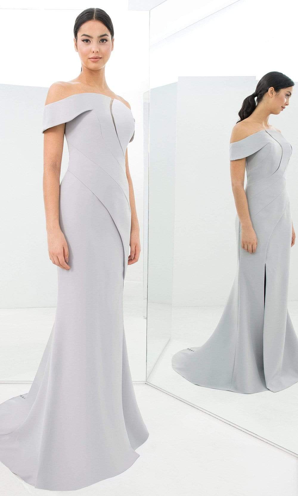 Alexander By Daymor - 1373 Off-Shoulder Front Cutout Mermaid Gown Evening Dresses 00 / Dove Grey