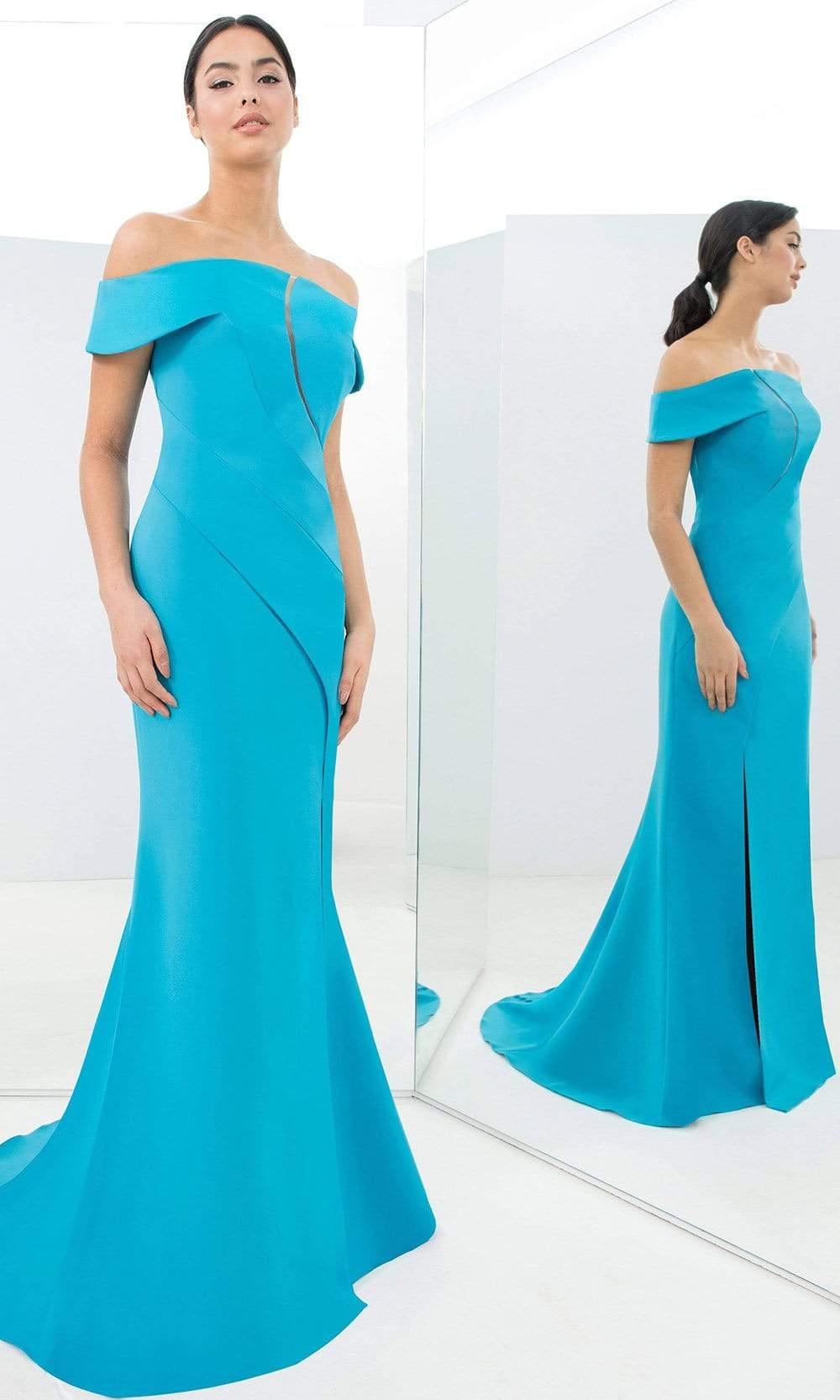 Alexander By Daymor - 1373 Off-Shoulder Front Cutout Mermaid Gown Evening Dresses 00 / Lagoon