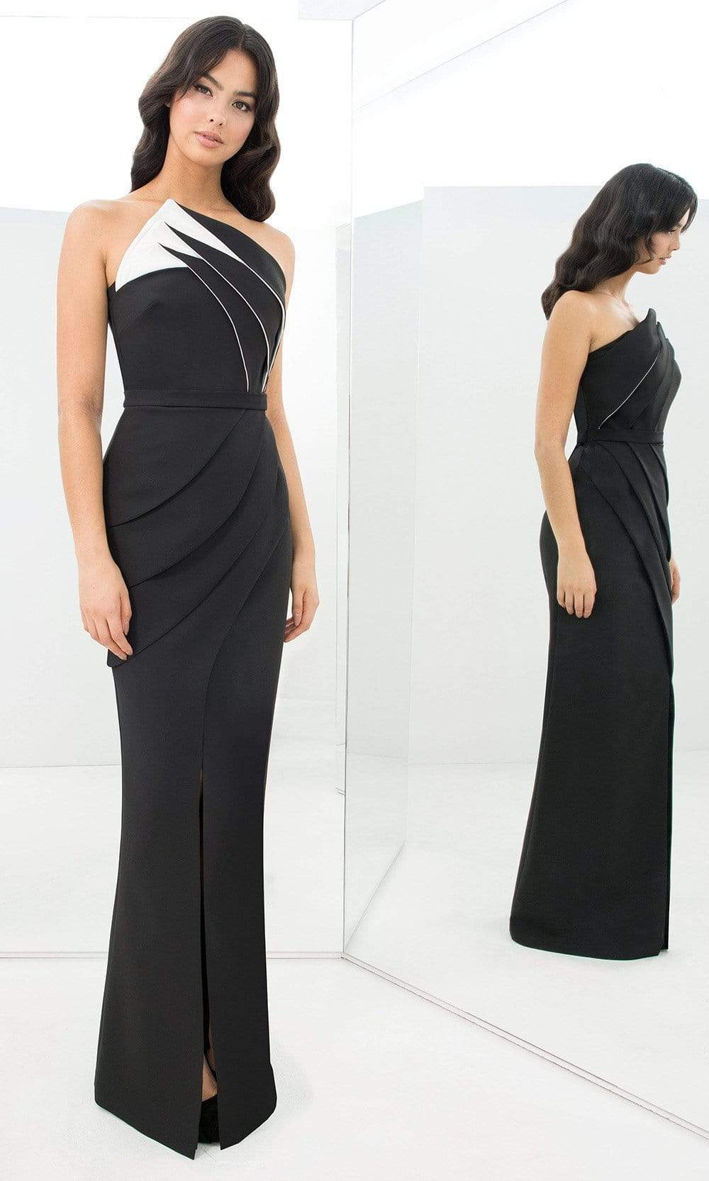Alexander By Daymor - 1381 Strapless Pleated Sheath Dress With Slit Evening Dresses 00 / Black/White