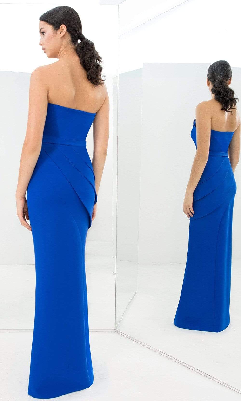 Alexander By Daymor - 1381 Strapless Pleated Sheath Dress With Slit Evening Dresses 00 / Blue