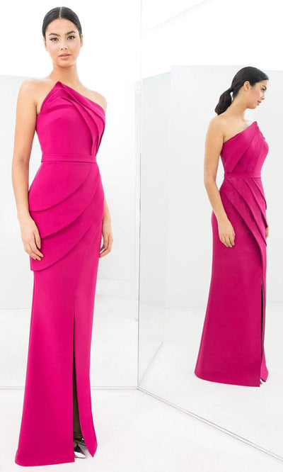 Alexander By Daymor - 1381 Strapless Pleated Sheath Dress With Slit Evening Dresses 00 / Fuchsia