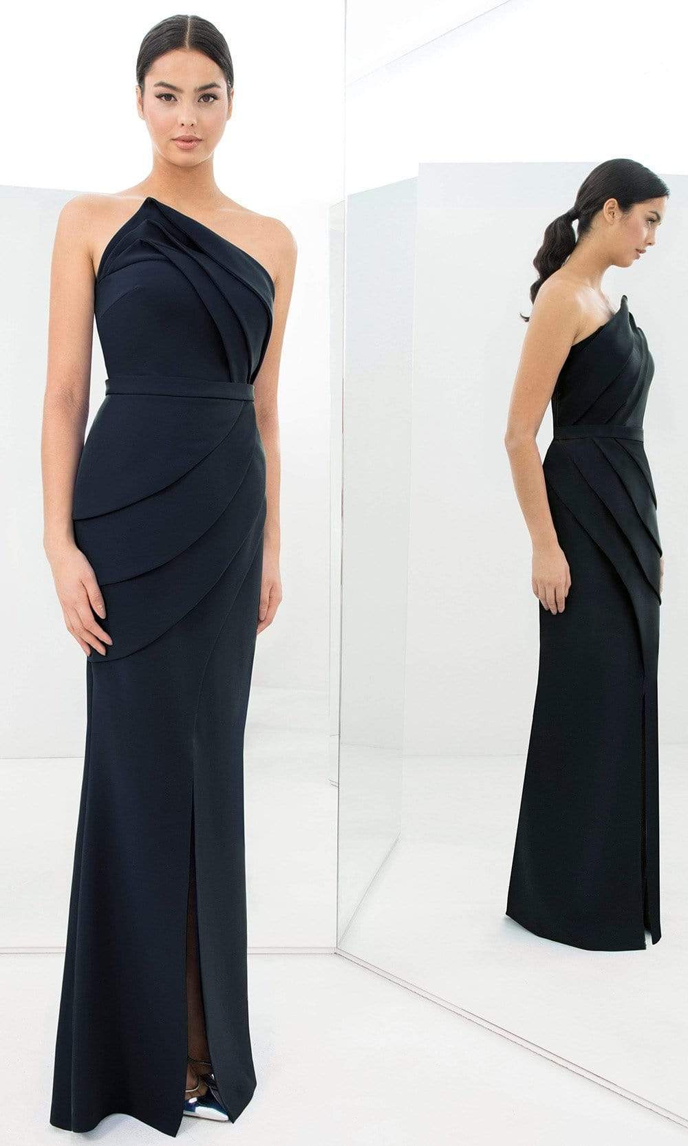Alexander By Daymor - 1381 Strapless Pleated Sheath Dress With Slit Evening Dresses 00 / Navy