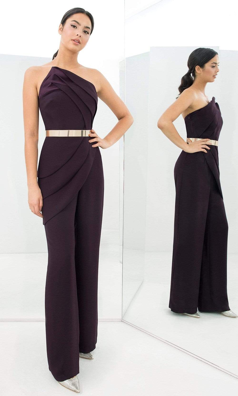 Alexander By Daymor - 1382 Strapless Asymmetric Neck Jumpsuit Special Occasion Dress In Purple