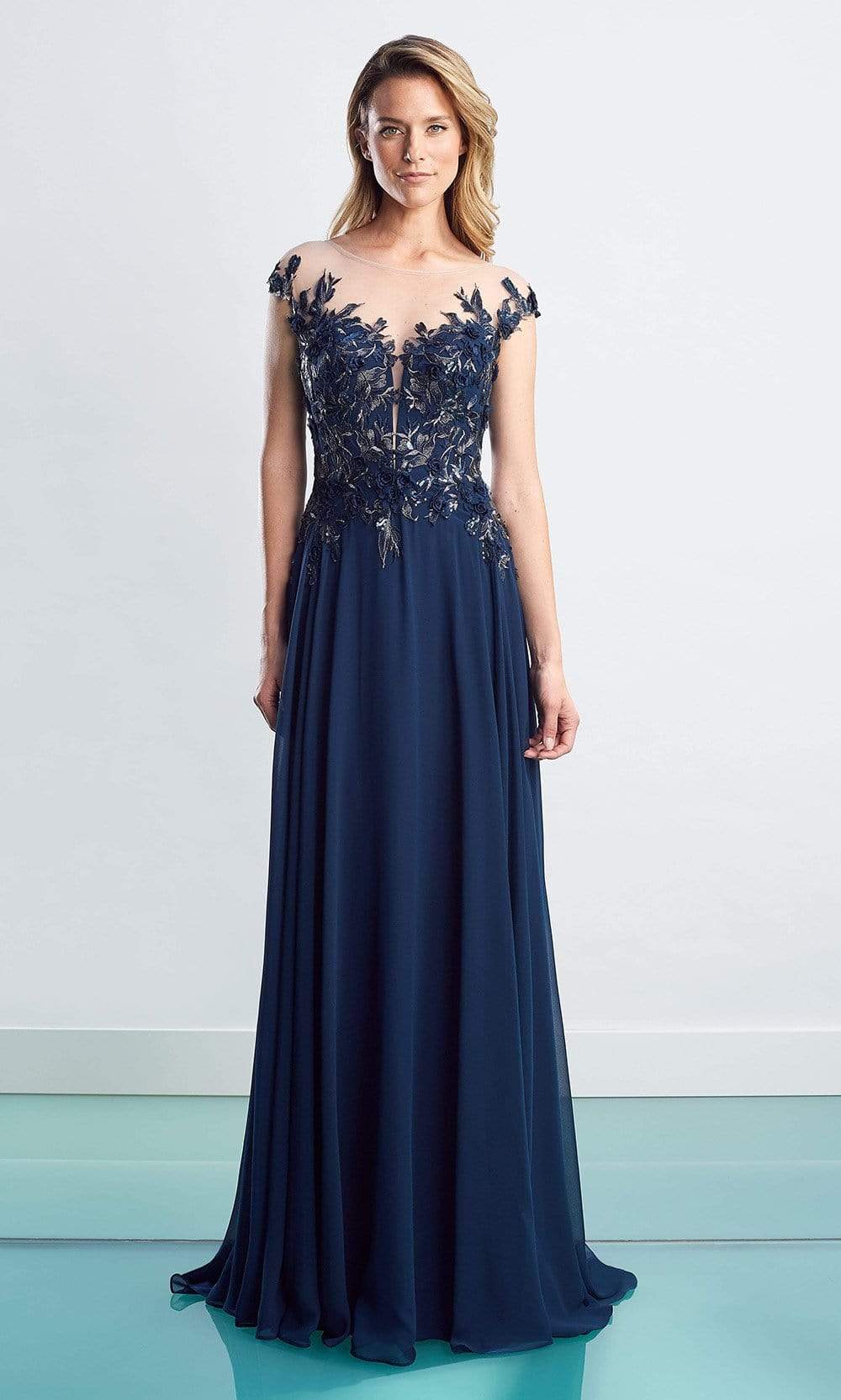 Alexander By Daymor - 1452 Floral Embroidered Chiffon Gown Evening Dresses 4 / Navy