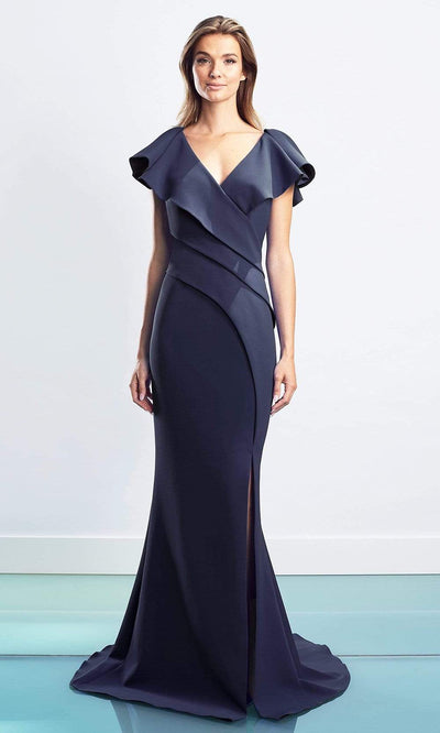 Alexander By Daymor - 1456 Cap Sleeves V-Neck Trumpet Gown With Slit Evening Dresses 4 / Navy
