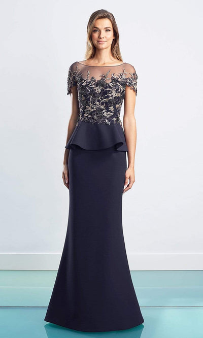 Alexander By Daymor - 1459 Embroidered Peplum Long Gown Evening Dresses 4 / Navy