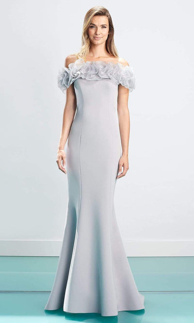 Alexander By Daymor - 1461 Ruffled Off Shoulder Long Gown Evening Dresses 4 / Dove Grey