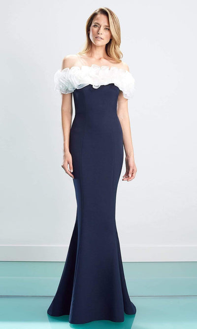 Alexander By Daymor - 1461 Ruffled Off Shoulder Long Gown Evening Dresses 4 / Navy/White